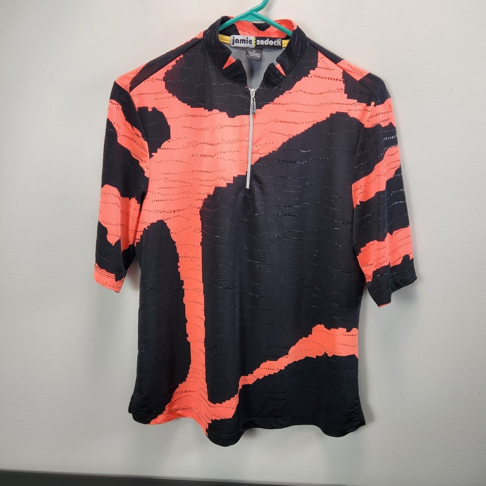 Jamie Sadock Womens Golf Top Black Orange Abstract Quarter Zip Short Sleeve M